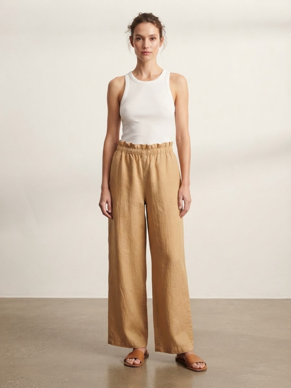 Aerie Linen Blend Wide Leg Trousers Tan Brown M NWT